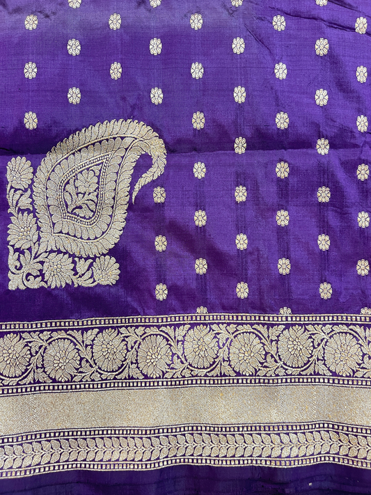 Purple Katan Silk Saree with zari buta closeup view