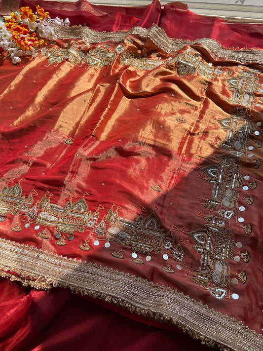 Red Tissue Silk Saree Jadau Banarasi Ghat with Hand Embroidery Full View 02