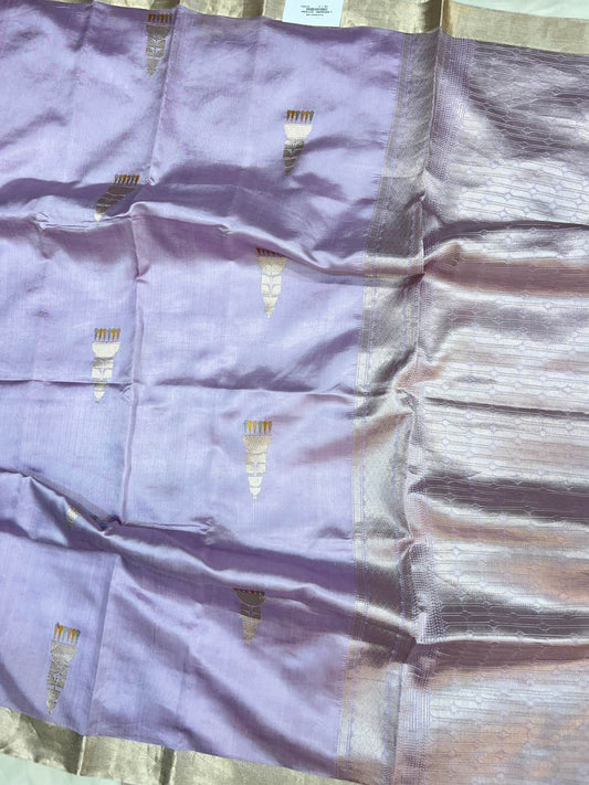 Light Lavender Katan Silk Saree with temple-inspired buta full view