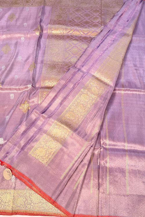 Purple Banarasi Kora Tissue Silk Saree with Red Selvedge and Golden-Silver Zari – Handwoven Pure Silk