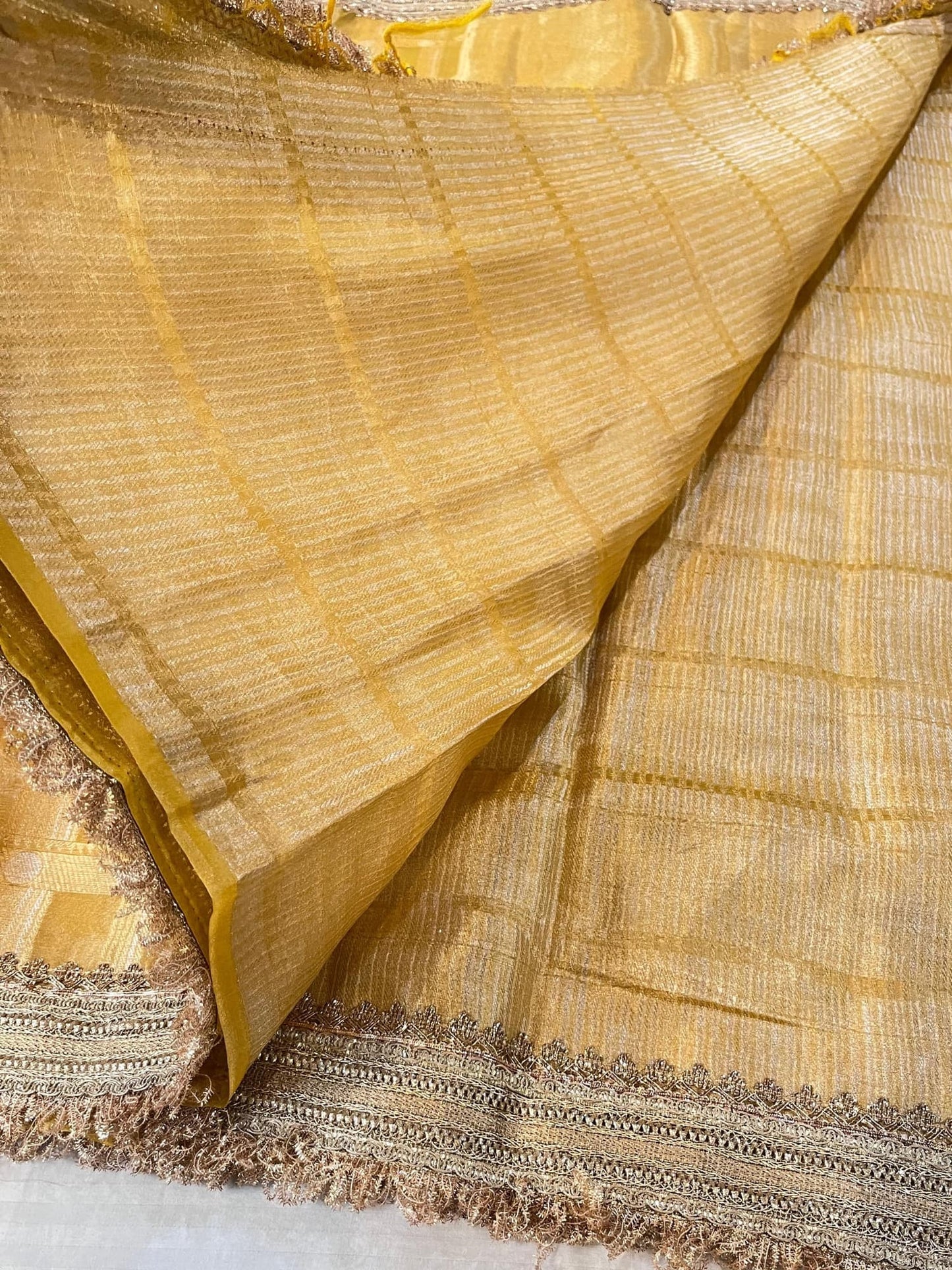 Yellow Banarasi Tissue Silk Saree with shimmering texture and brocade blouse – handwoven festive silk saree from Banaras.