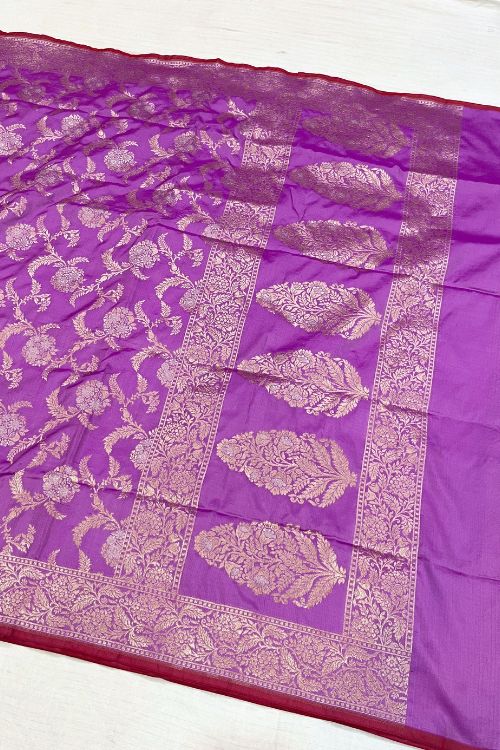 Handwoven Purple Katan Silk Saree with golden and silver floral jaal and magenta contrast border
