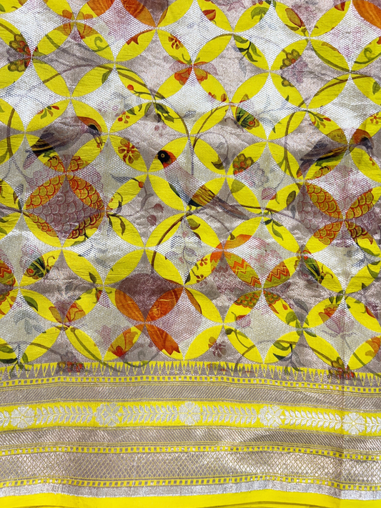 Yellow Katan Silk Saree with floral closeup view