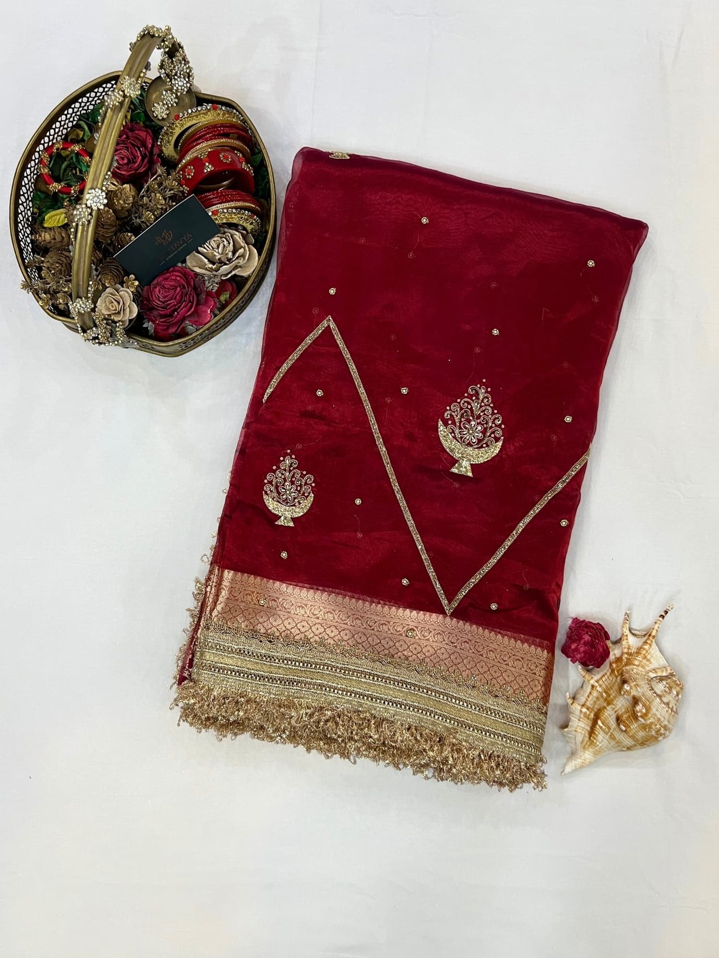 βRed Gulzaar festive saree with intricate traditional embroideryβ
