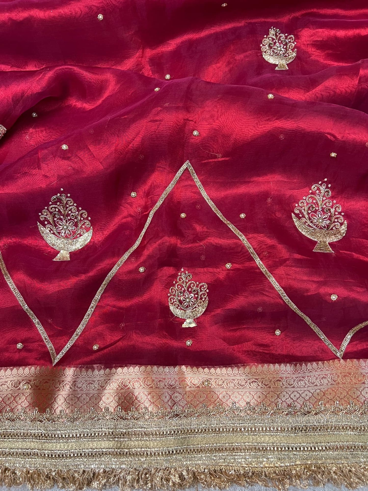 “Red Gulzaar festive saree with intricate traditional embroidery”