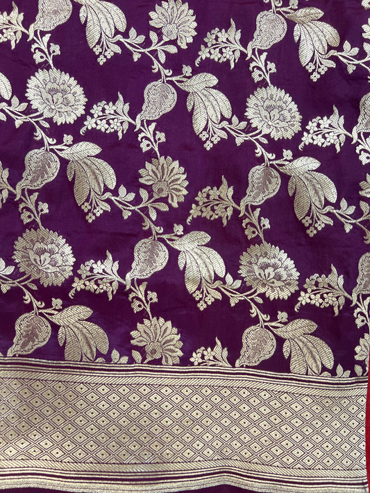 Wine Katan Silk Saree with floral vine closeup view
