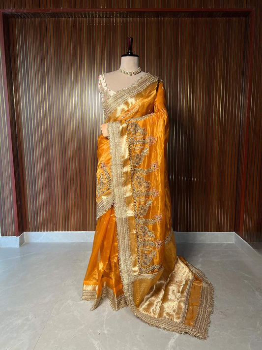 Orange Tissue Silk Saree Gajgamini With Hand Embroidered Elephant and Palm Tree Dummy View