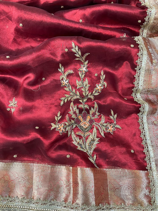 Maroon Sanjivani hand-embroidered tissue silk saree