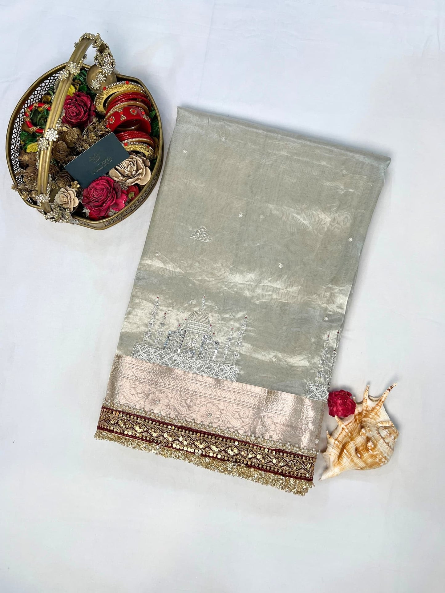 Silver Chandani Hand-Embroidered Tissue Silk Saree
