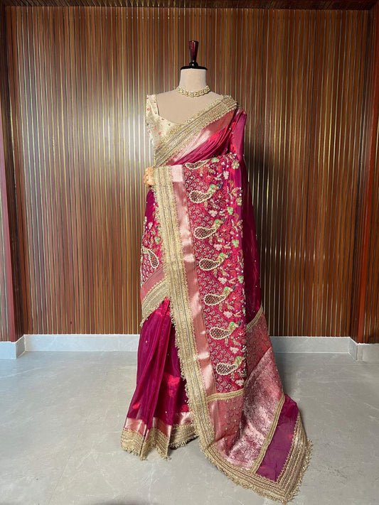 Hot Pink Pure Banarasi Tissue Silk Saree Panchhi with Hand Embroidered Peacock and floral dummy view