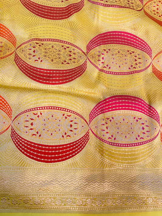 Red Katan Silk Saree with oval floral closeup view
