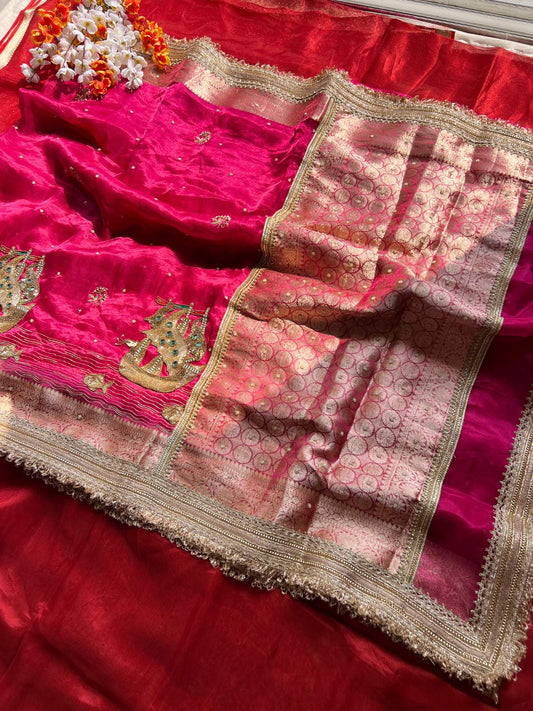 Hot pink Tissue Silk Saree with Hand Embroidered ship Full view