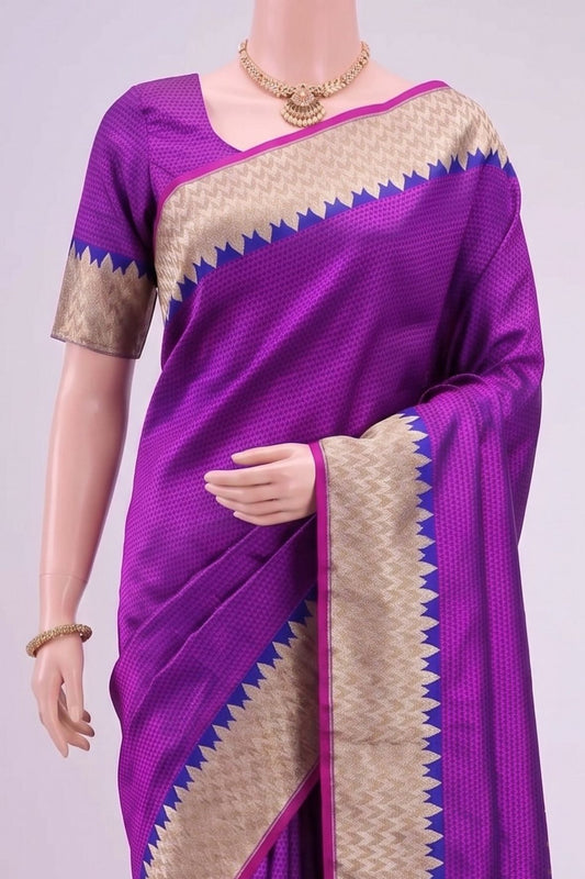 Purple katan Silk Saree with geometric front view