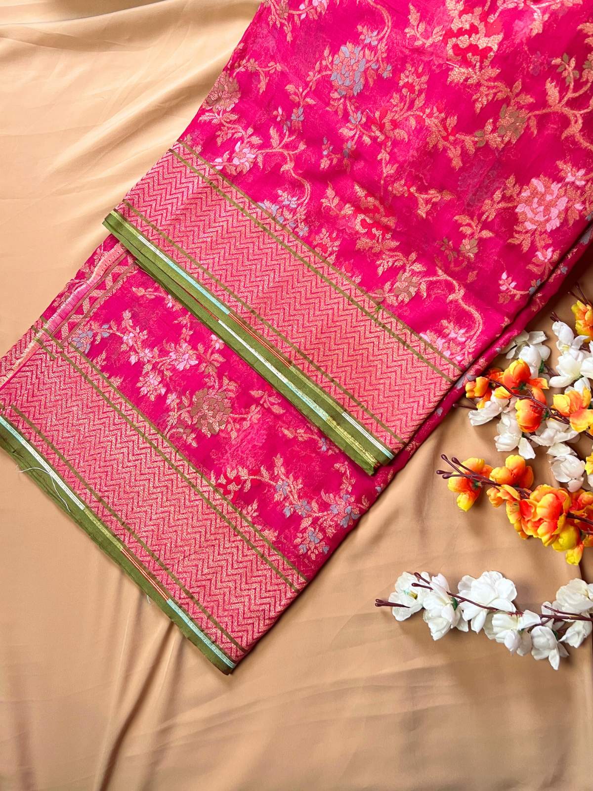 Pink Cotton Jamdani Saree with floral front view