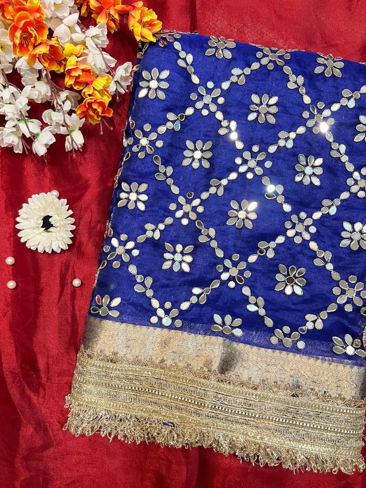 Royal Blue Tissue Silk Saree Aaina With Hand Embroidery Front View