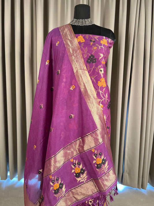 Magenta Cotton silk Suit with floral Closeup view