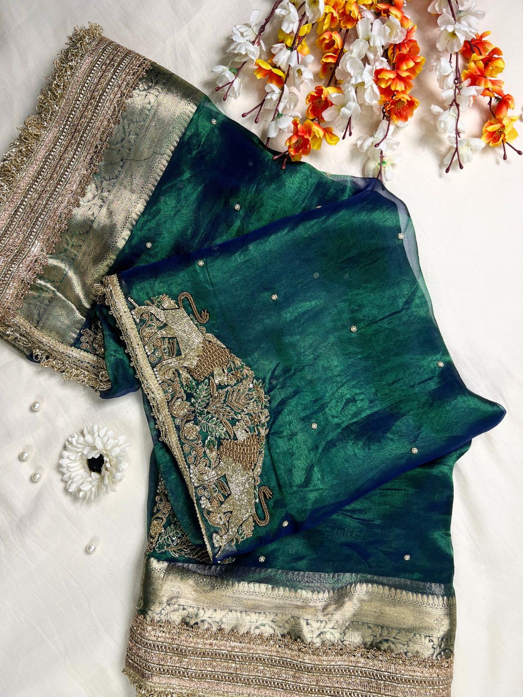 Teal Blue Sherbagh Tissue Silk Saree Front View