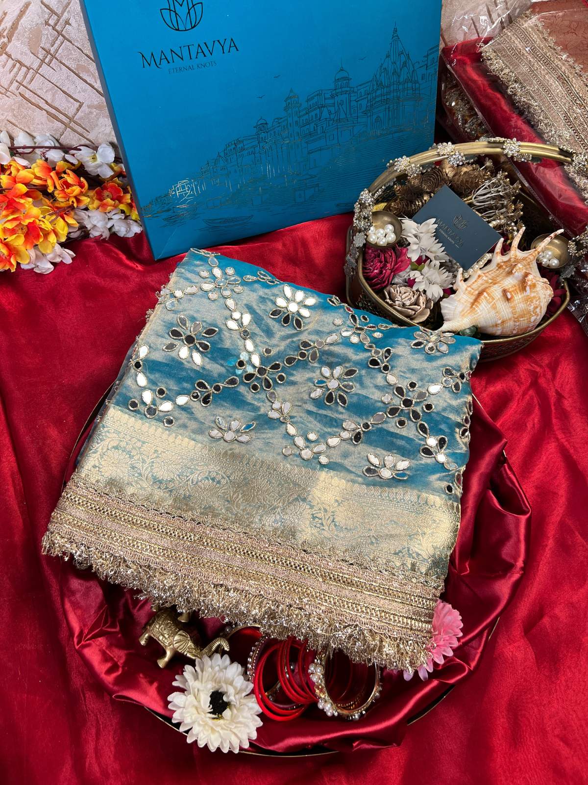 Powder Blue Tissue Silk Saree Aaina Banarasi With Hand Embroidery Front View