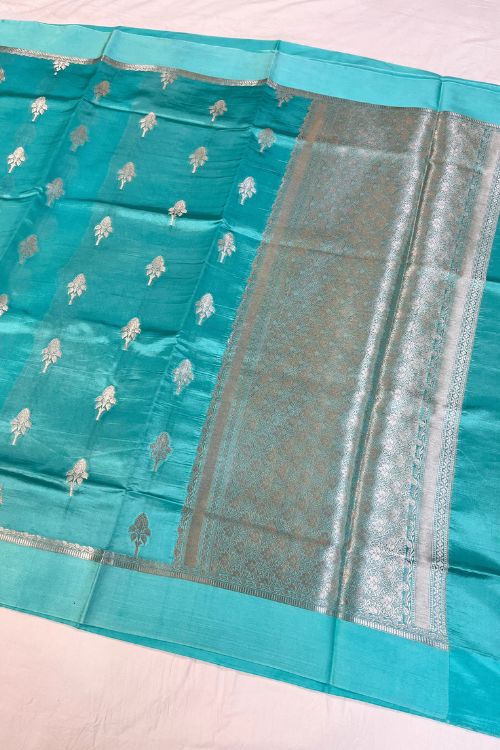 Sky Blue Raw Mango Silk Saree with satin border and zari aachal