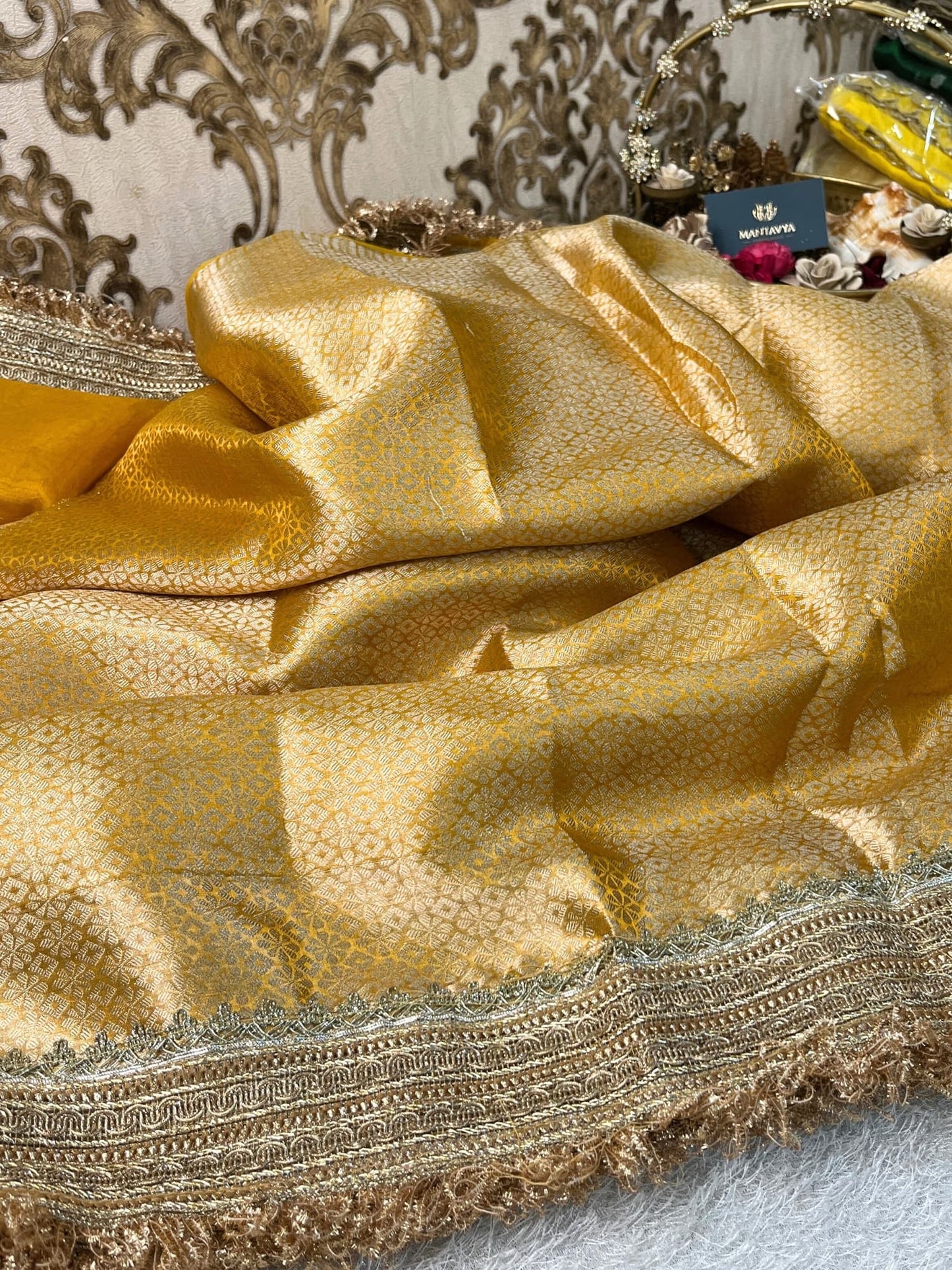 Mantavya Mustard Yellow Banarasi Tissue Silk Saree with golden zari work