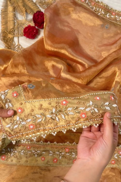 Peach Hand Embroidered Tissue Silk Dupatta