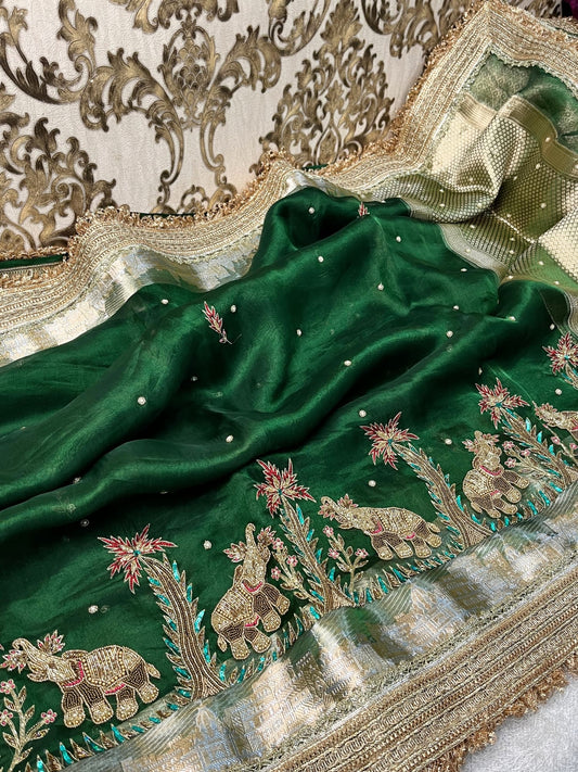 Hand-Embroidered Green Tissue Silk Saree with Twin Elephant Butas