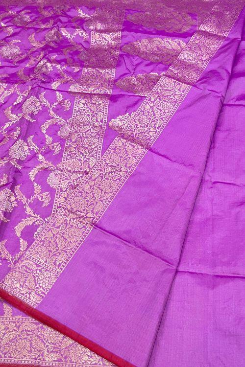 Handwoven Purple Katan Silk Saree with golden and silver floral jaal and magenta contrast border