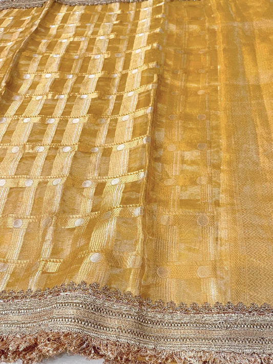 Yellow Banarasi Tissue Silk Saree with shimmering texture and brocade blouse – handwoven festive silk saree from Banaras.