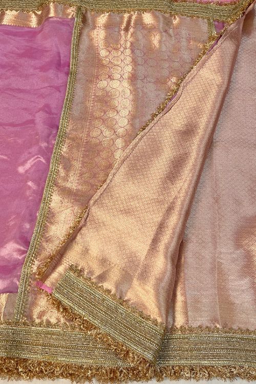 Baby Pink Banarasi Tissue Silk Saree with Gotta Patti Border and Brocade Blouse
