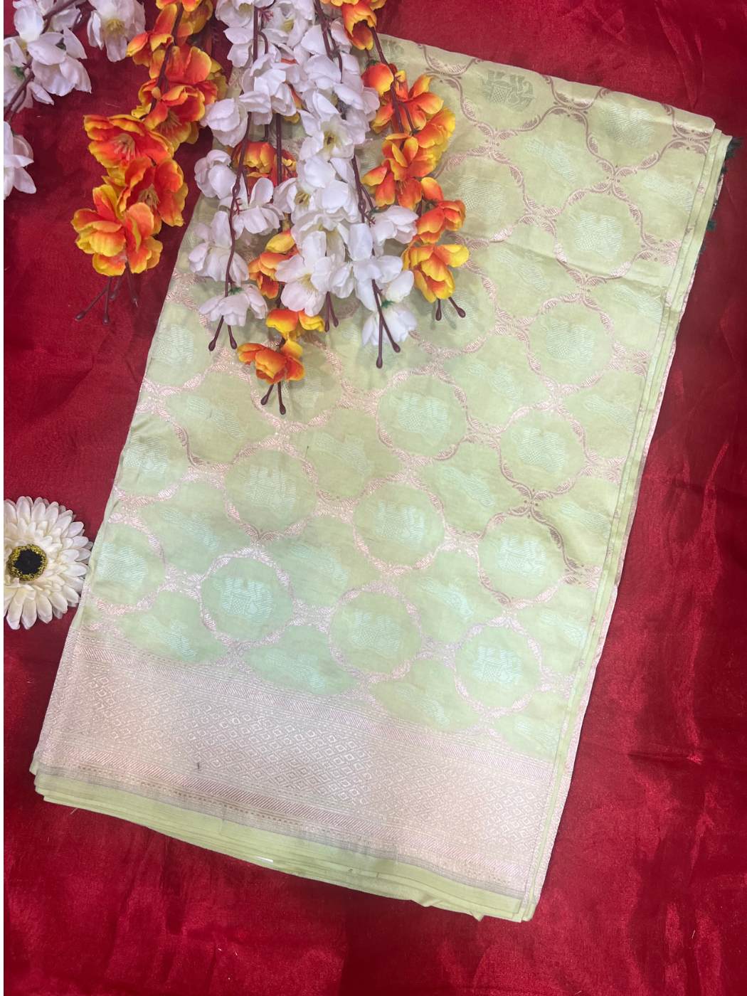 Pista Green Katan Silk Saree with circular jaal front view