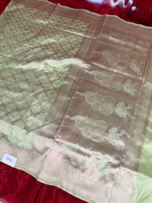 Pista Green Katan Silk Saree with circular jaal full view
