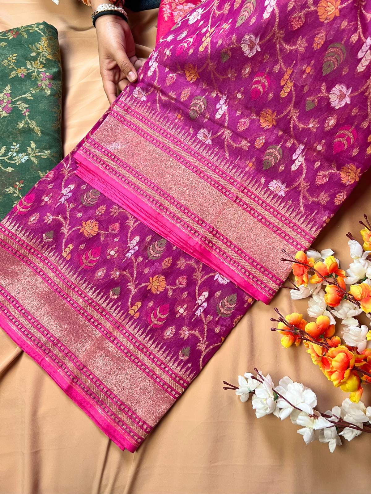 Magenta Cotton Jamdani Saree with multicolor floral front view