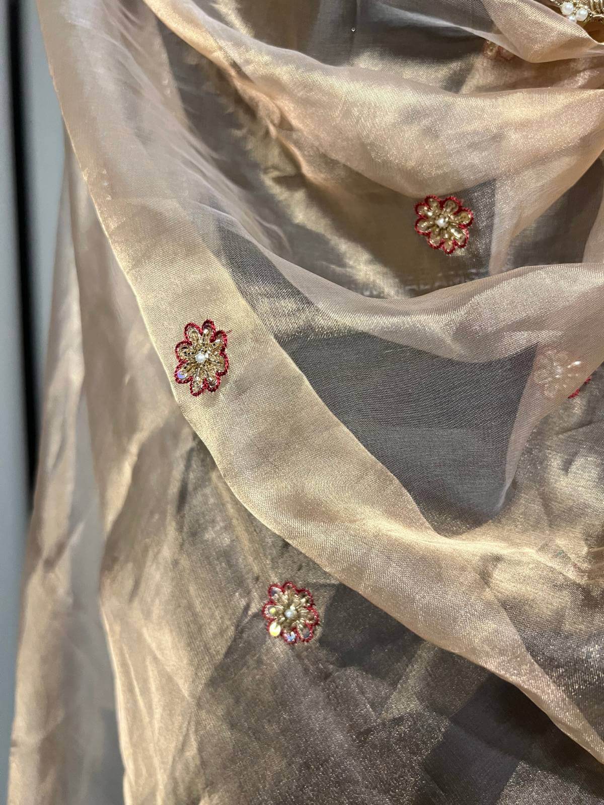 Golden Tissue Silk Dupatta with Hand Embroidered Floral Closeup view 2