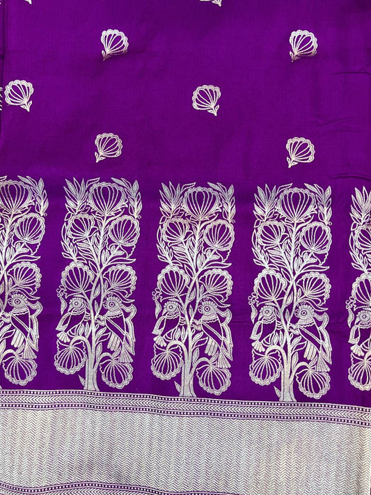 Purple Katan Silk Saree with floral and bird closeup view