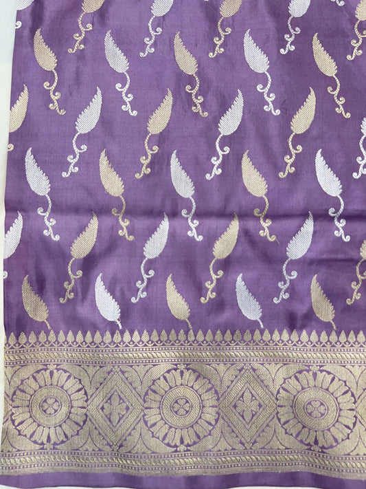 “Lavender Katan Silk saree with smooth texture and elegant design”