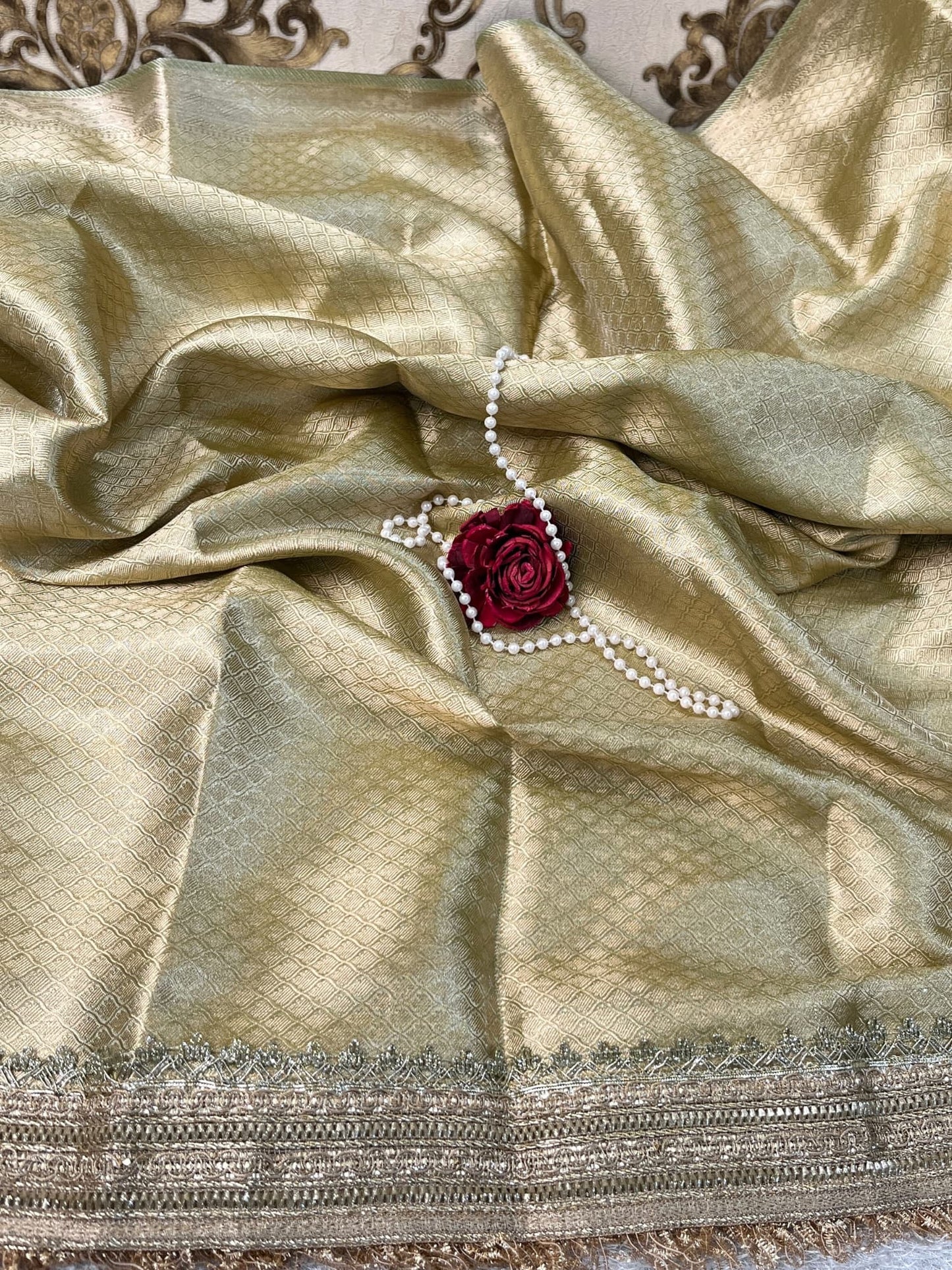 Pista green Rajhans Banarasi tissue silk saree with traditional motifs