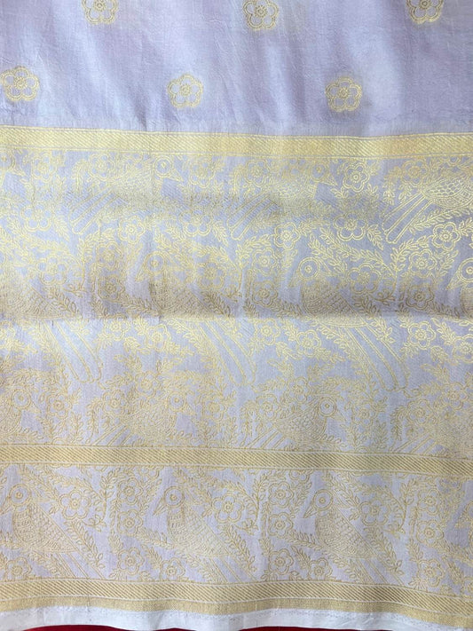Sky Blue Katan Silk Saree with pastel tones closeup view