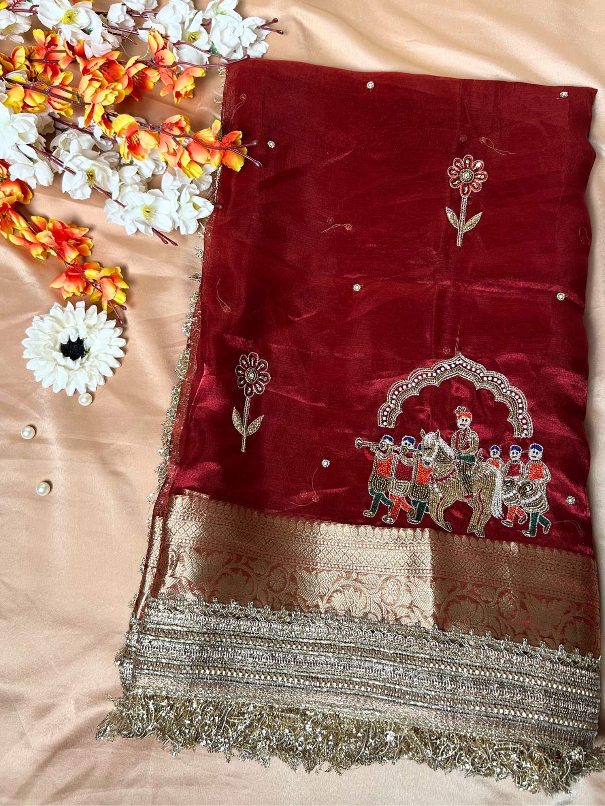 Maroon Tissue Silk Saree Mehrab with Barat Front View
