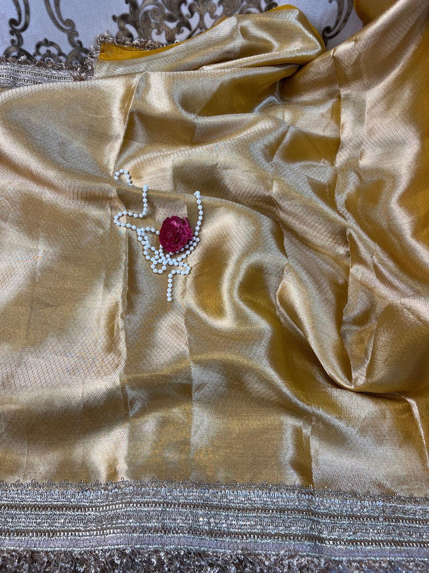 Yellow Gayatri Mantra Banarasi silk saree with traditional mantra motif