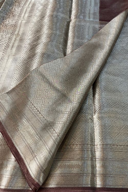 Brown Brocade Tissue Silk Saree with silver zari detailing and unstitched brocade blouse
