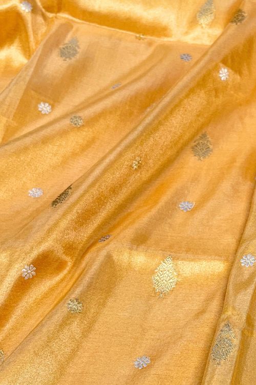 Orange Banarasi Kora Tissue Silk Saree with Pink Selvedge and Golden Zari – Handwoven Pure Silk