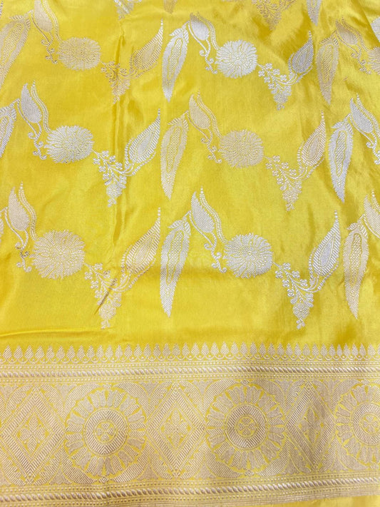 “Yellow Katan Silk saree perfect for festive and wedding wear”
