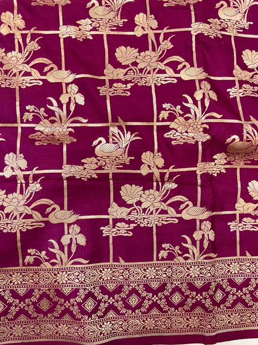 Wine Katan Silk Saree with swan and blooming lotus closeup view
