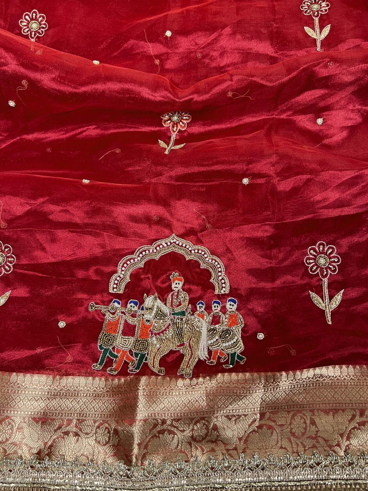 Maroon Tissue Silk Saree Mehrab with Barat Closeup View