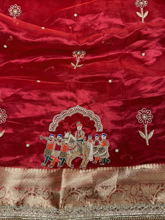 Maroon Tissue Silk Saree Mehrab with Barat Closeup View