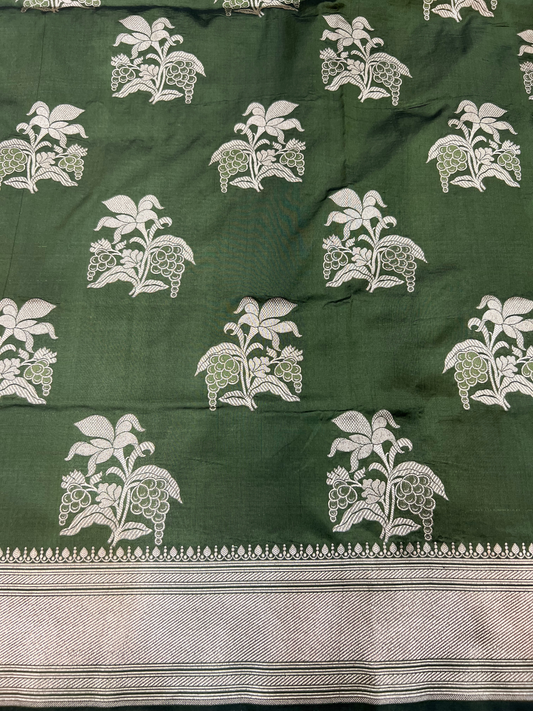 Dark Olive Green Katan Silk Saree with floral view closeup view