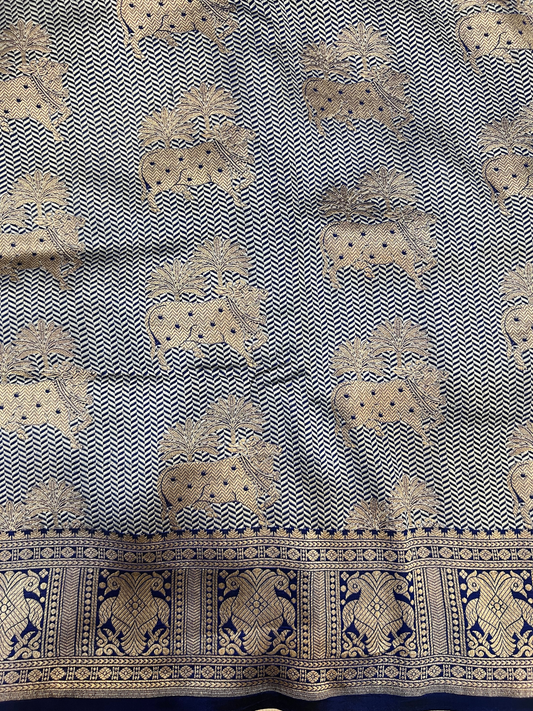 Royal Blue Katan Silk Saree with floral closeup view