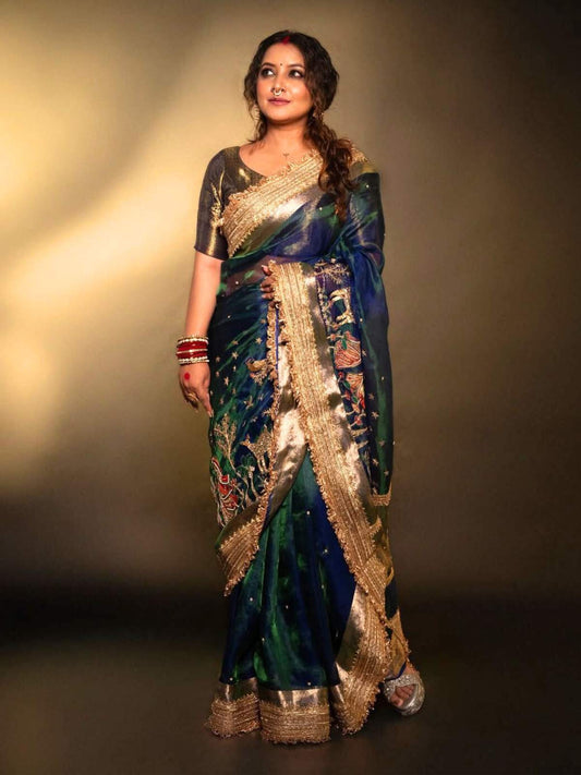 Peacock Blue Radha Krishna Motif Banarasi Tissue Silk Saree