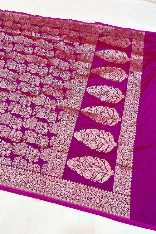 Handwoven purple Katan silk saree with intricate motifs