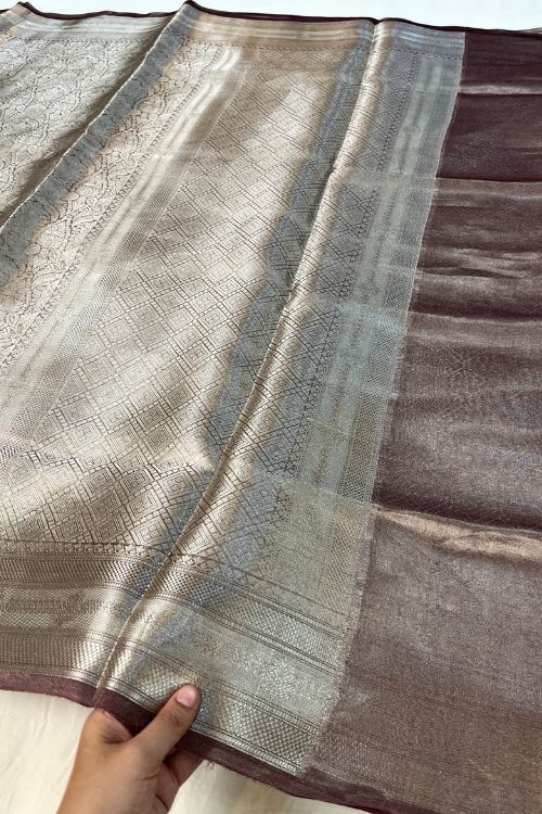 Brown Brocade Tissue Silk Saree with silver zari detailing and unstitched brocade blouse Brown Brocade Tissue Silk Saree with silver zari detailing and unstitched brocade blouse